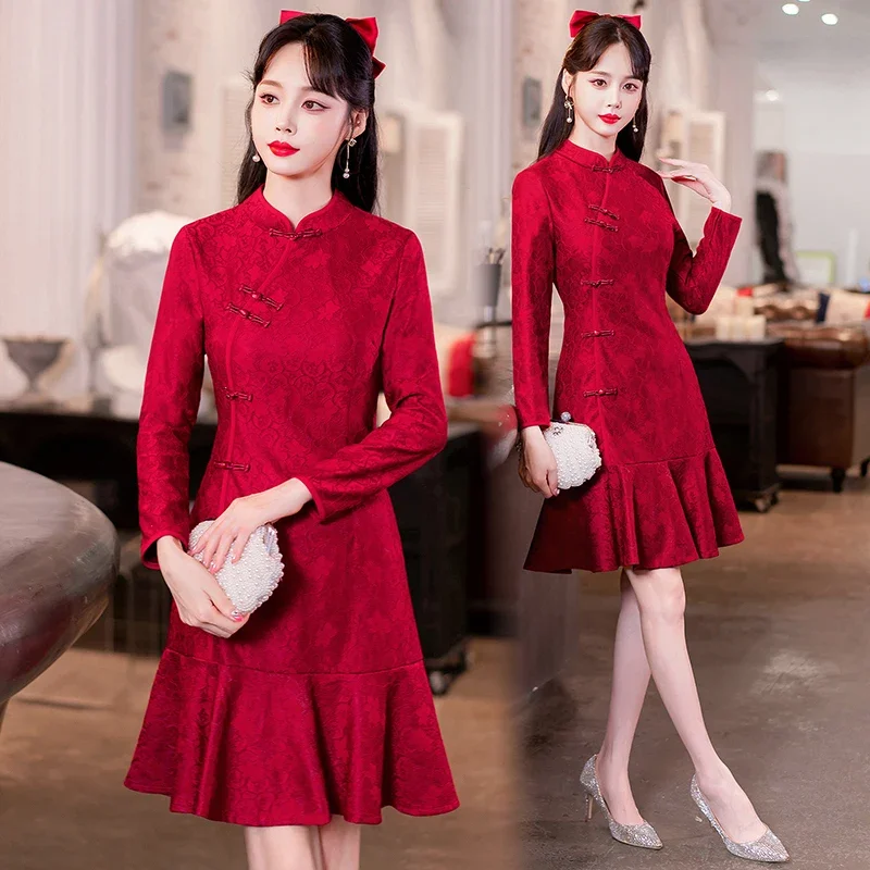 

Modern Improved Long Sleeve Red Cheongsam Party Swing Dress Traditional Chinese New Year Qipao Clothes Plus Size 4XL