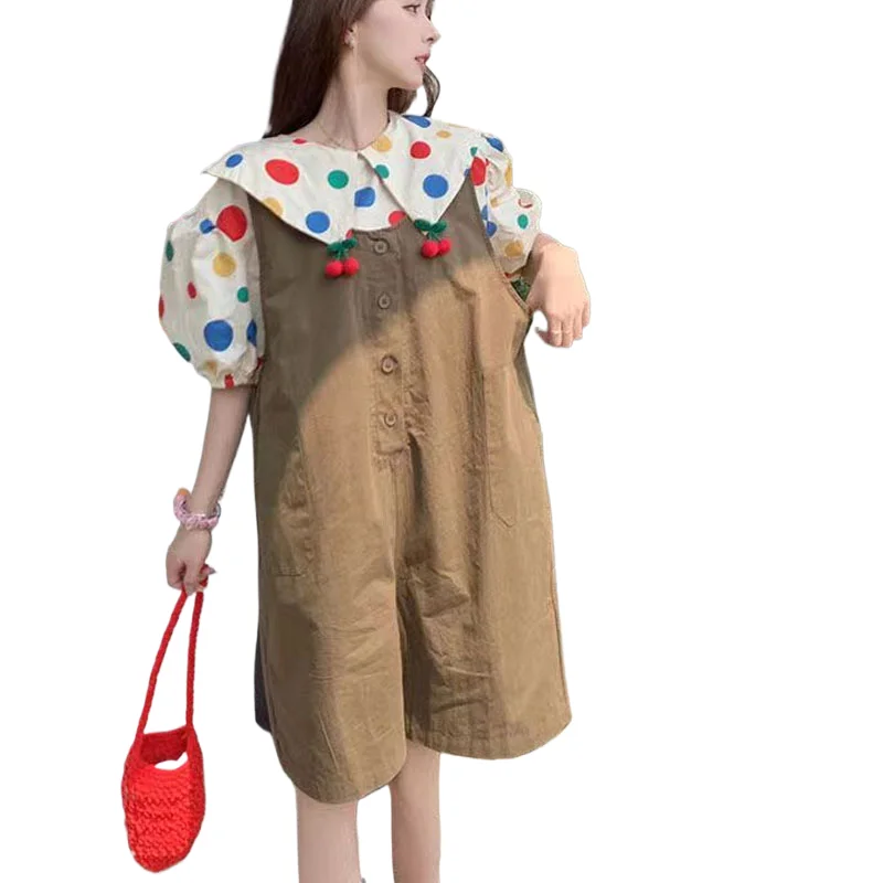 

Dopamine Summer Women 2024 Wave Point Shirt Doll Collar Short Sleeved Puff Sleeve Solid Color Shorts Comfortable Two Piece Set