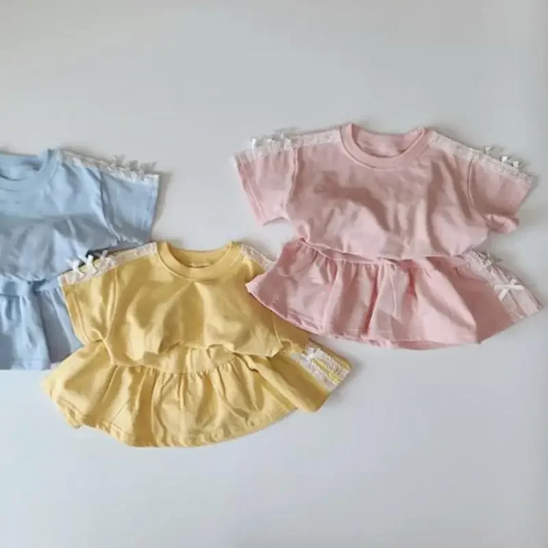 

2025 Summer New Children Short Sleeve Clothes Set Girls Thin Cotton Bow T Shirts + Lace Skirts 2pcs Princess Suit Kids Outfits