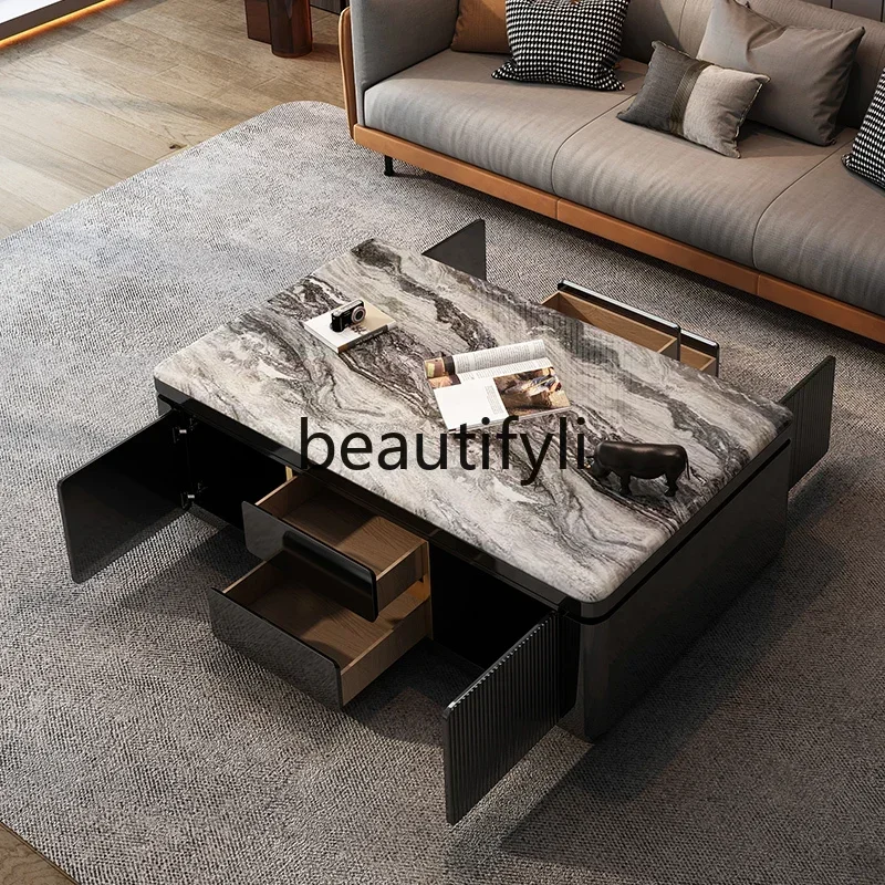 DD45 Natural Marble Venice Solid Wood Coffee Table Light Luxury High-End Feel Villa Living Room