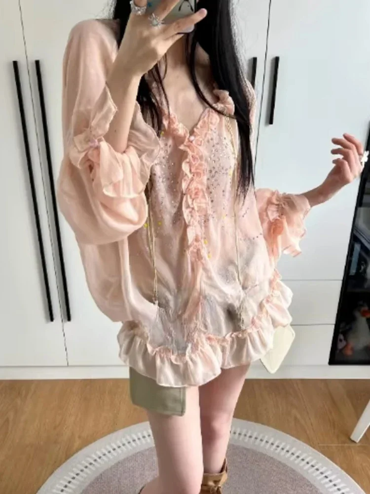 Sommer Sonnenschutz Strass Blusen Frauen V-ausschnitt Rüschen Lose Shirts Flare Hülse Vintage Süße Bluse Camisas De Mujer