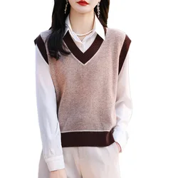 Vest Women's V-Neck Matching Color Knit Sweater Loose DIY Pullover Pure Wool Cashmere Sweater Autumn and Winter Hot Sales