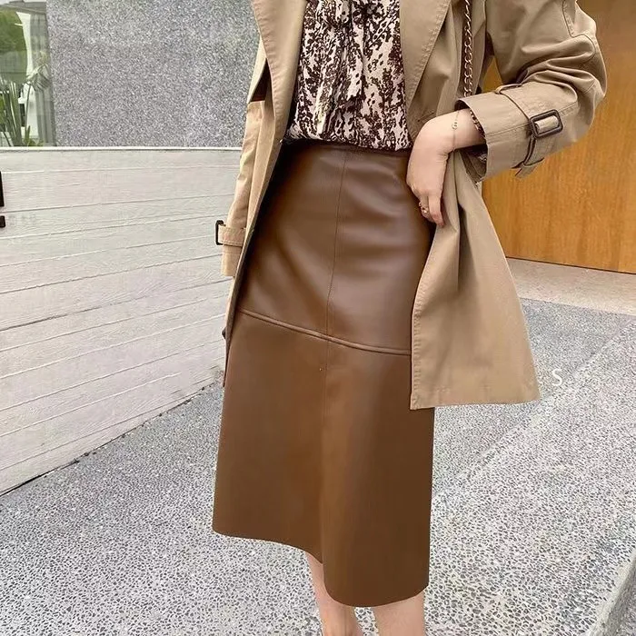 

Осенне-зимняя юбка из натуральной овечьей кожи с высокой талией, облегающая, средней длины, А-силуэта, для женщин, для офиса и повседневной носки