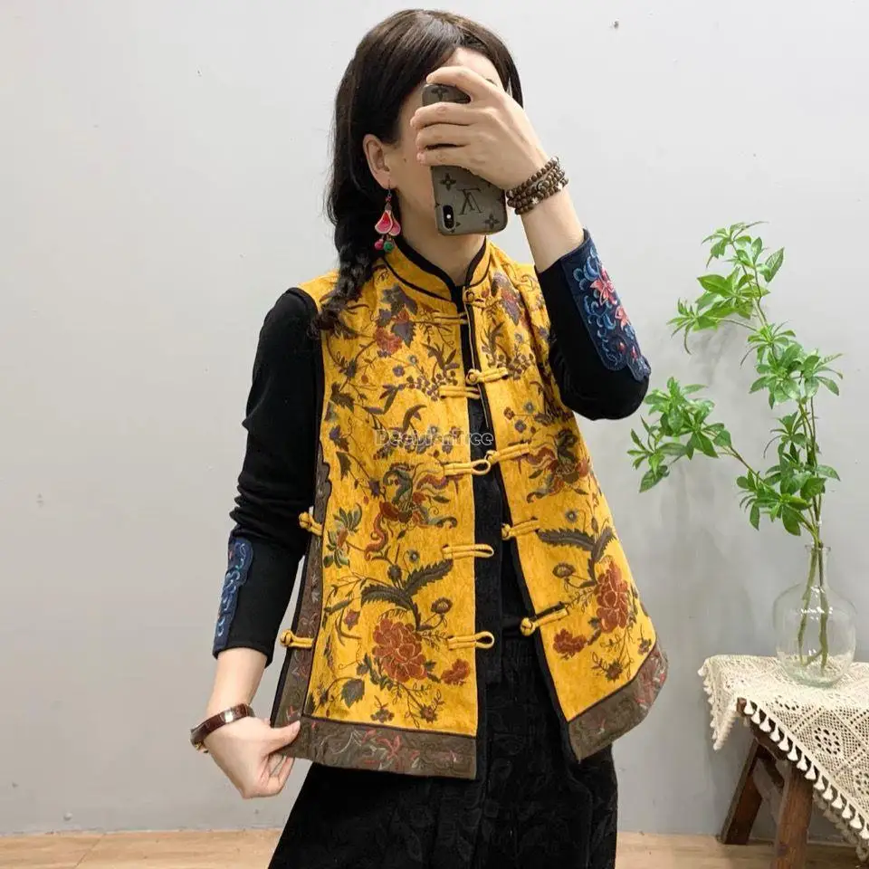 2023 new chinese retro national style flower embroidery sleeveless women stand collar vest top cotton linen quilted vest g930