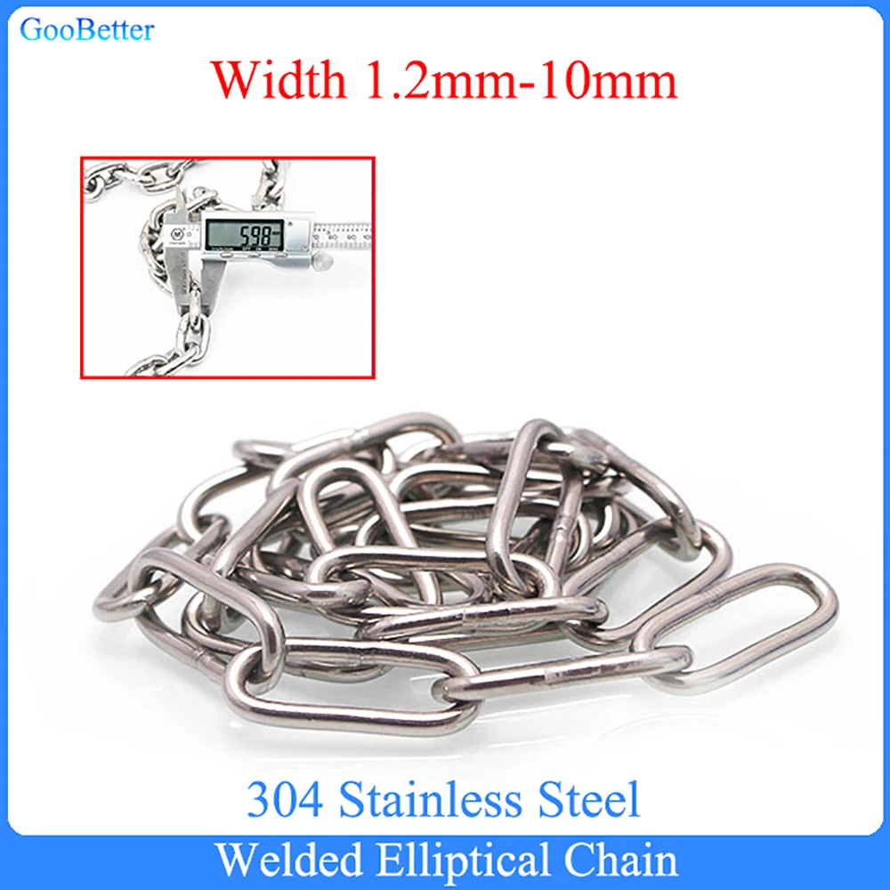 

1 Metre 304 Stainless Steel Welded Elliptical Chain Width 1.2mm-12mm Clothes Drying Iron Chain Pet Doggie Chocker Collar