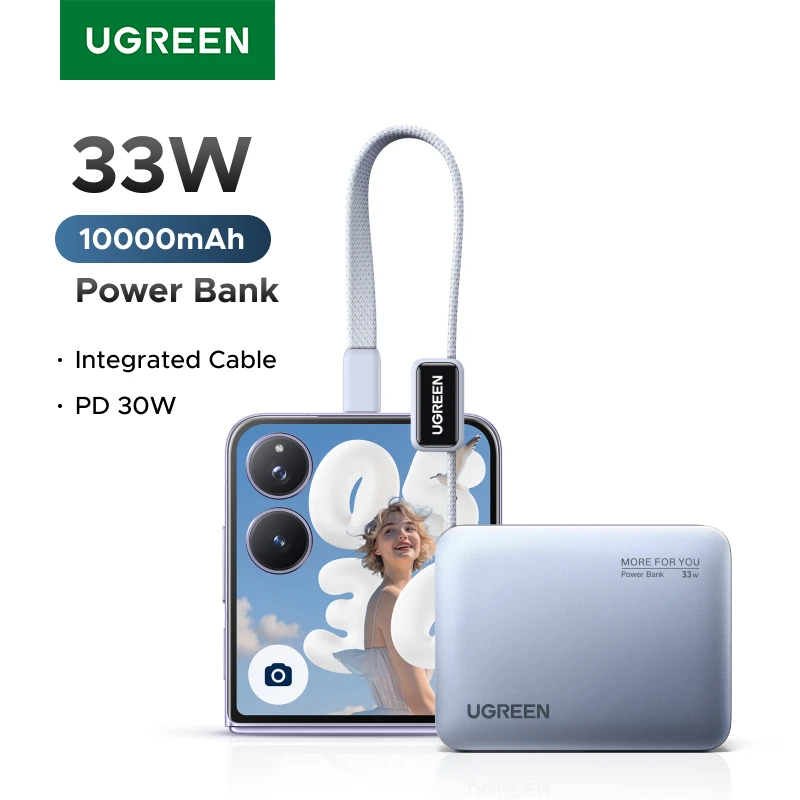 UGREEN 미니 33W 10000mAh 파워뱅크 내장형 타입-C 케이블 PD 30W 충전... - 2