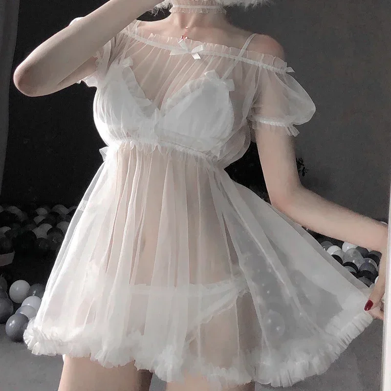 

Kawaii Lace Nightdress Lingerie Pajamas Set for Women Off-Shoulder Tulle Temptation See Through Dress Erotic Cosplay Costumes