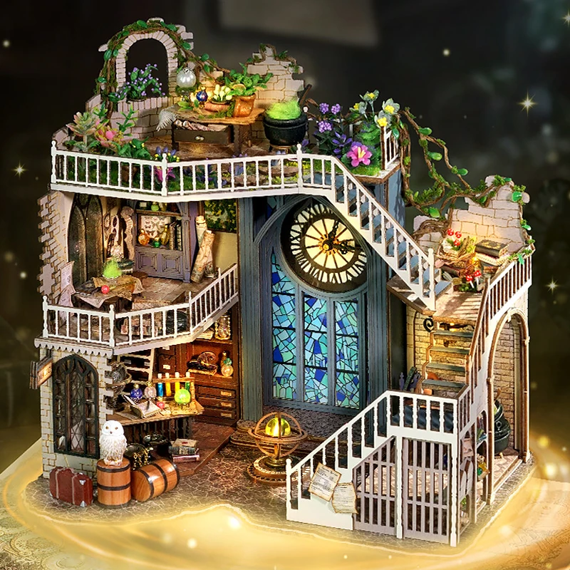 Zuuton DIY Miniature Magic Doll House Kit Wooden Gothic Clock Tower Building Model with LED Light Creative Gift for Home Decor