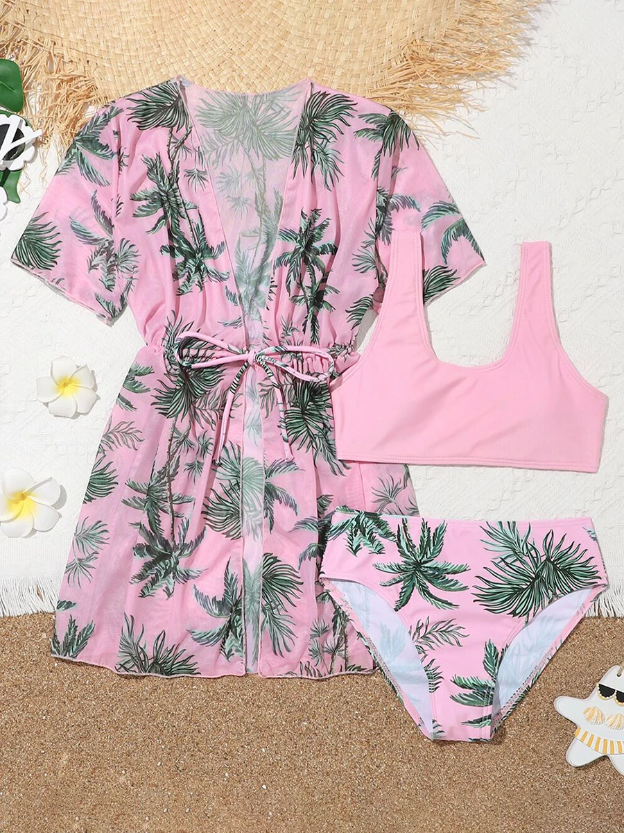 3 Pieces Tropical Print Bikini 2023 Girls Swimsuit with Kimono Kids Swimwear Female Bathers Bathing Swimming Swim Suit Beachwear