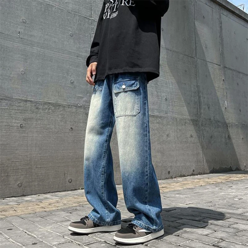 Hip Hop Jeans Men Casual Spring Autumn Fashion High Street Denim Trousers High Waist Jeans Pants Male Loose Straight Pants 2023