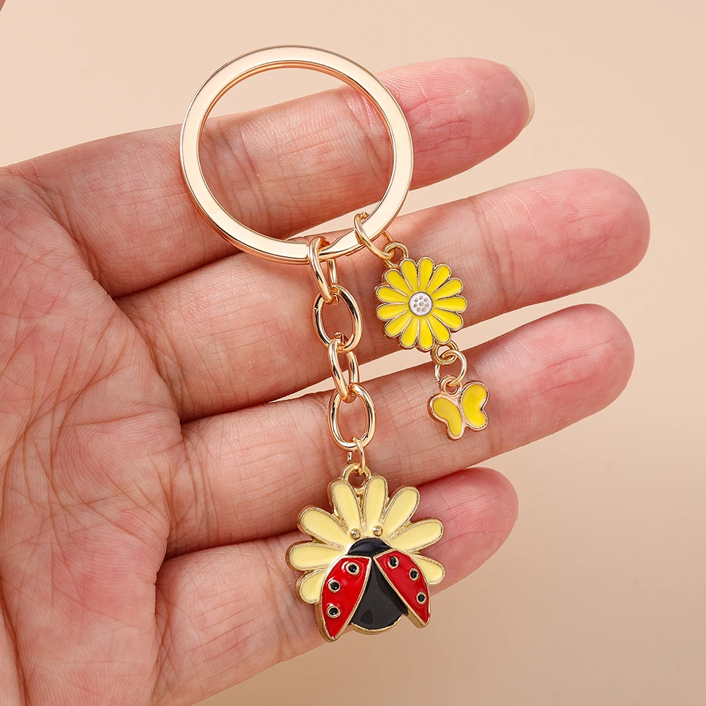 Aihua Schöne Gänseblümchen Blume Marienkäfer Schlüsselbund Blumen Marienkäfer Schlüsselring Ketten Für Frauen Männer DIY Handgemachten Schmuck Machen Geschenke – Detail 3