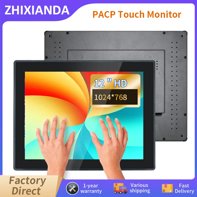 Capacitive Touch Screen Monitor 12 Inch 1024*768 Waterproof Flat True  Wall Mount Industrial Display With VGA HDMI USB