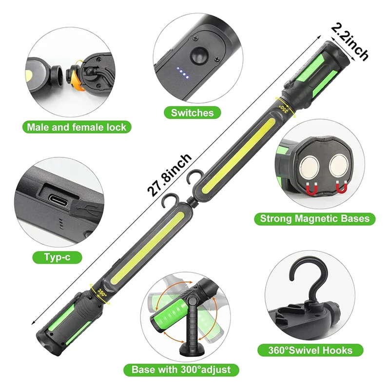 ABKO-لإصلاح السيارات لإضاءة العمل الميكانيكي - 2400LM LED، 4400Mah قابلة لإعادة الشحن، ضوء مغناطيسي تحت الغطاء مع خطافات
