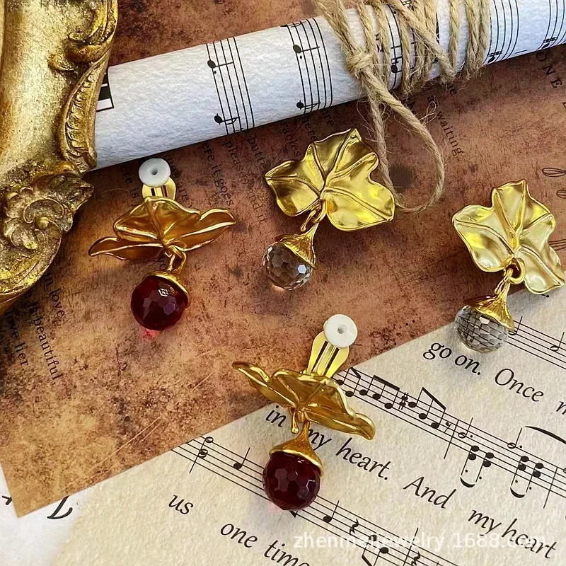 Ancient replica album red glazed leaf ear clips