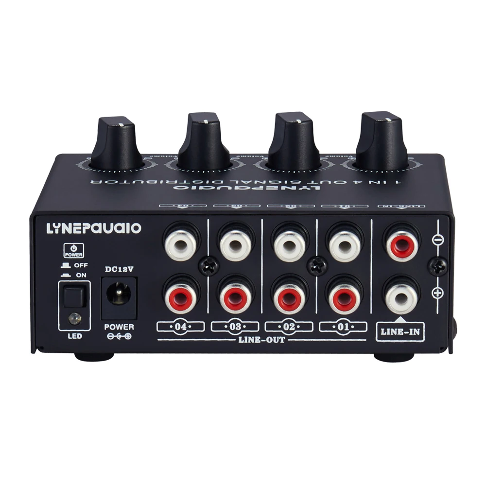 1 in 4 out front-level stereo signal amplifier distributor comparator output independent volume adjustment without loss