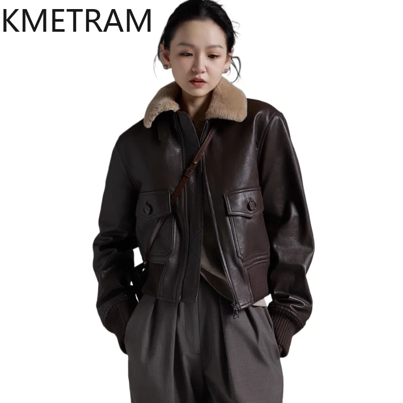 KMETRAM Natürliche Schaffell-Echtlederjacke für Damen mit Merino-Schaffell-Wollkragen, kurzer Baumwollmantel, 2025, Winterojuто