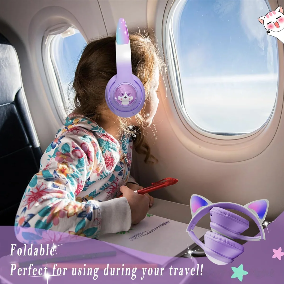 Fones de ouvido Bluetooth infantis, fones de ouvido sem fio dobráveis com luz LED, fone de ouvido de jogo com orelhas de gato para telefone-B