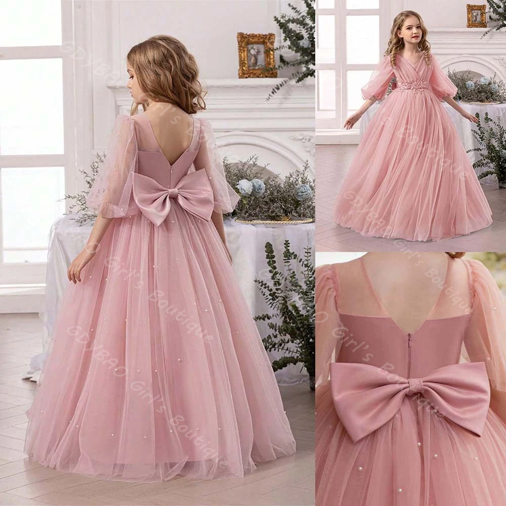 

Dusty Pink Flower Girl Dress for Wedding Beaded Tulle Double V Neck Balloon Sleeve Customized Kids Princess Pageant Dress