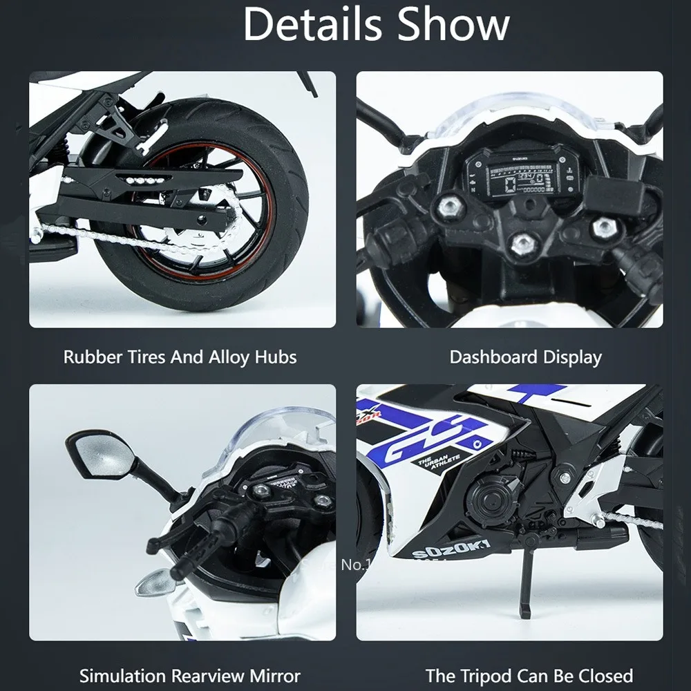 1/12 Suzuki GSX250R Motorcycle Toys Model Diecast Alloy Car Sound Light Metal Body Rubber Tires High Simulation Toy for Kid Gift