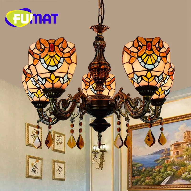 

FUMAT Tiffany style stained glass Yellow Baroque 5 head chandelier Pendant lamp living room Dining room Bedroom hallway decor