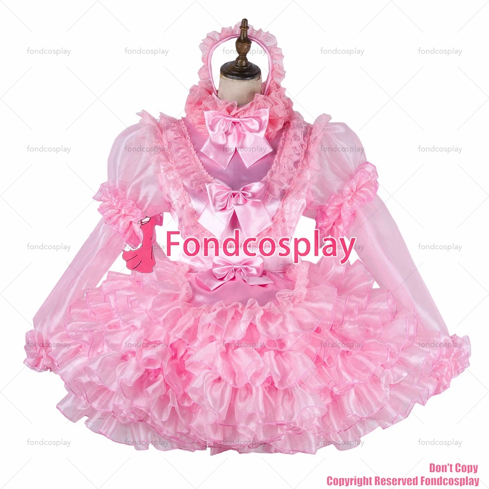 fondcosplay adult sexy cross dressing sissy maid short lockable baby pink Satin Organza dress Uniform costume CD/TV[G2014]