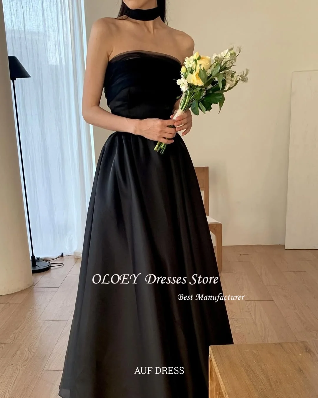 فساتين سهرة OLOEY باللون الأسود على شكل حرف A كورية لالتقاط الصور مخصصة 3 أنماط بأكمام قصيرة فساتين حفلات لحفلات الزفاف بأربطة