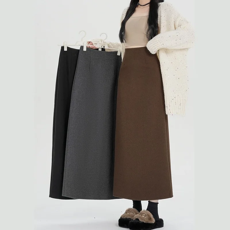 

Cashmere Skirt Women's 2026 Autumn Winter New Hip-wrapped Straight A-shaped Long Skirt Solid Thickened One Step Split Skirts