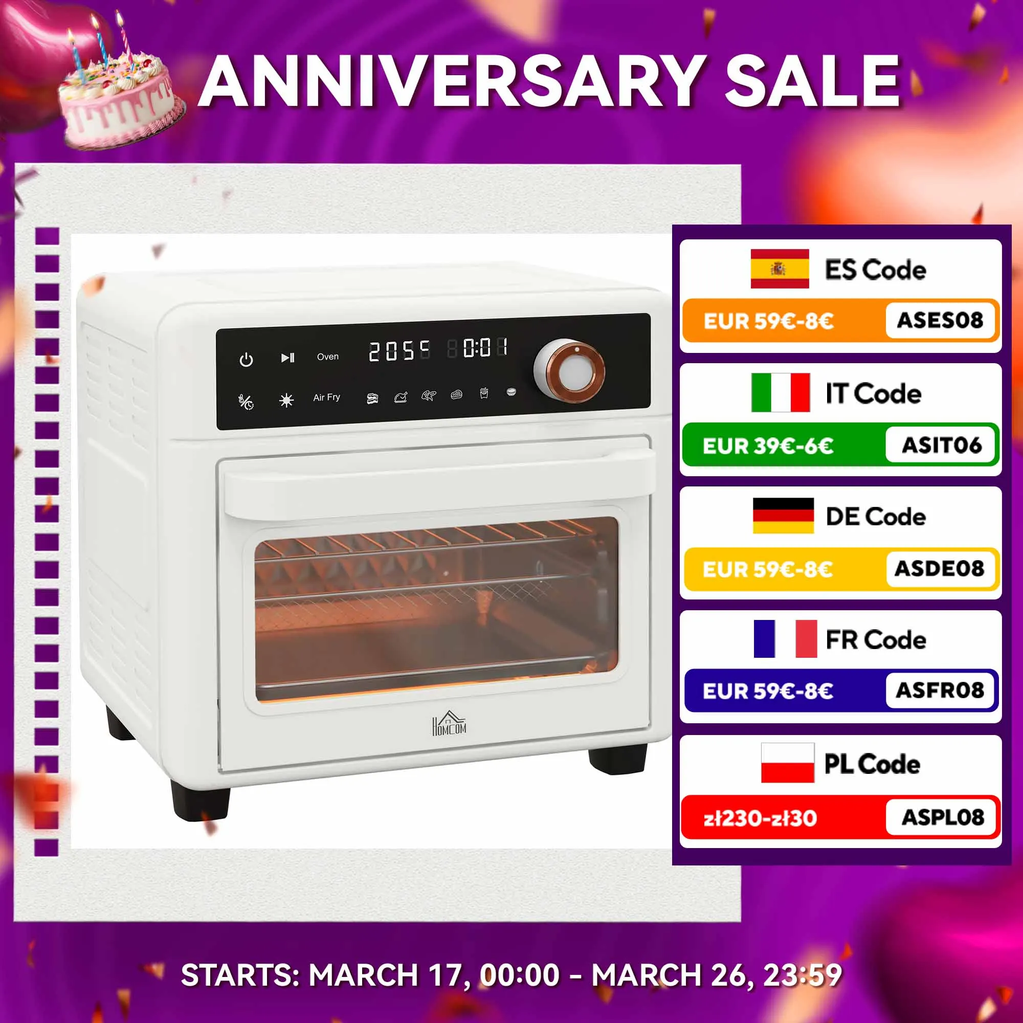 Forno elettrico da tavolo multifunzione HOMCOM 13L 1200W bianco