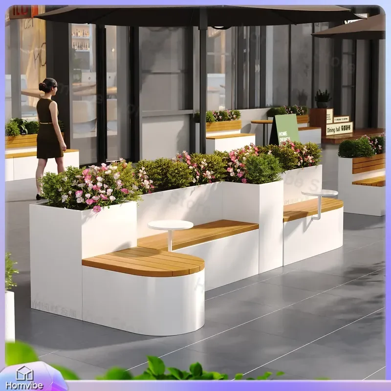 Outdoor Stainless Steel Flower Box Bench Commercial Square Planter Seat Garden Resting Fence Partition Rectangular Flowerpot