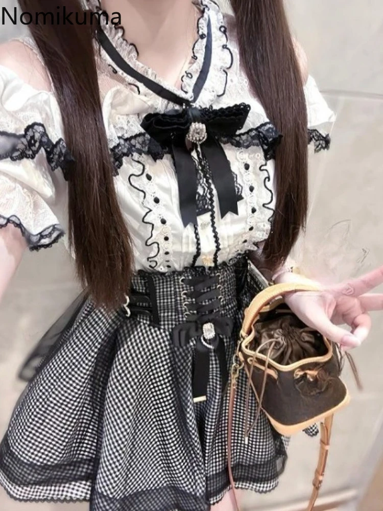 

Skirt Suit Women's Clothing 2 Piece Sets Bow Lace Off Shoulder Blouses Bandage A-line Plaid Mini Skirts Outfits Summer Sweet Set