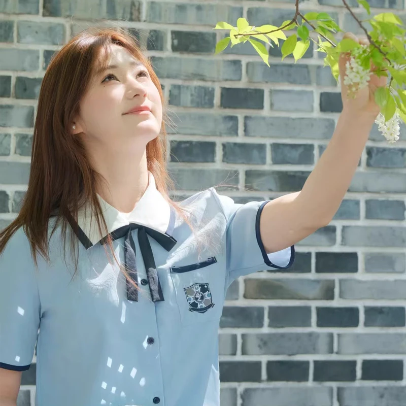 Uniforme chinês coreano jk, conjunto de manga curta para meninas, roupas de ensino médio de taiwan, camisa de marinheiro azul com saias plissadas