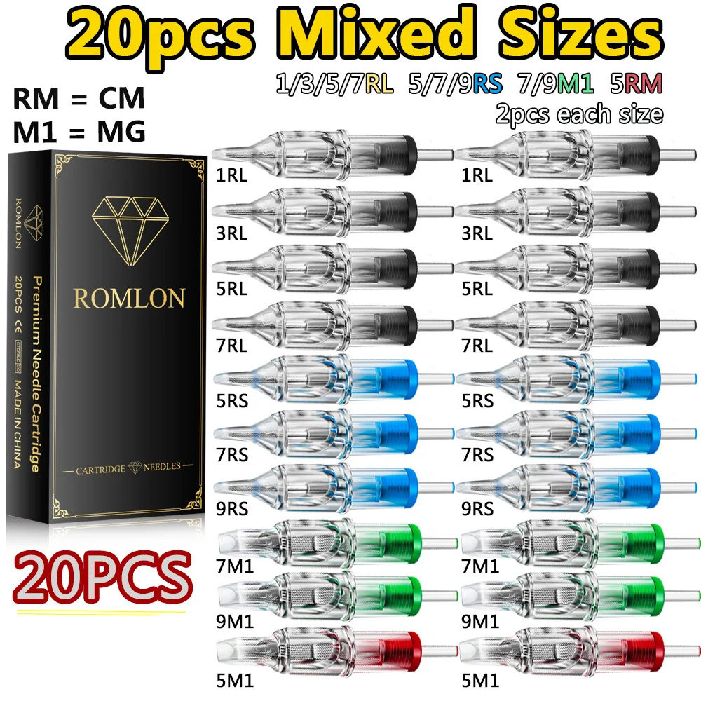 

20 шт., иглы для тату-картриджей, смешанные RL/RS/RM/M1, 0,35 мм, профессиональные стерилизованные безопасные иглы для татуировки для поставки тату-машин