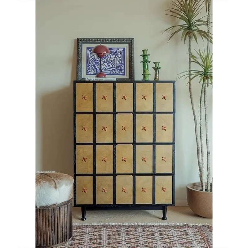 Cassettiera portaoggetti retrò in legno massello, soggiorno, camera da letto, piccolo appartamento, ripostiglio a parete integrato, armadietto laterale multispazio