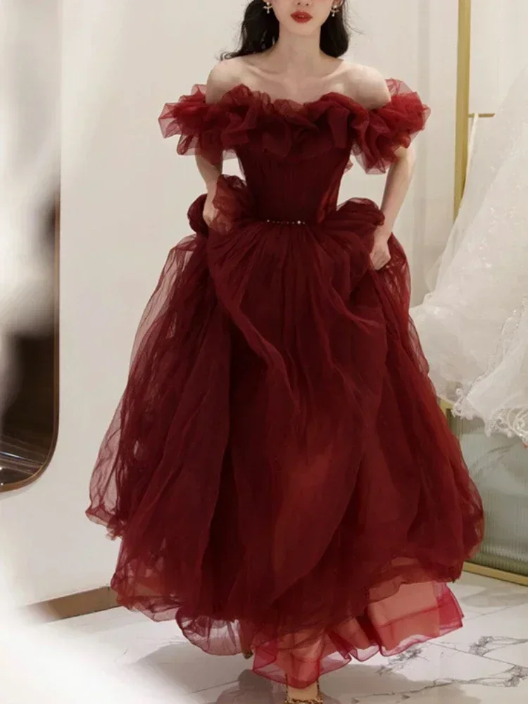 Customized Customized A Word Shoulder Fairy Red Boat Neck Evening Dresses Elegant Slim Waist Long Temperament Prom Robe Niche We