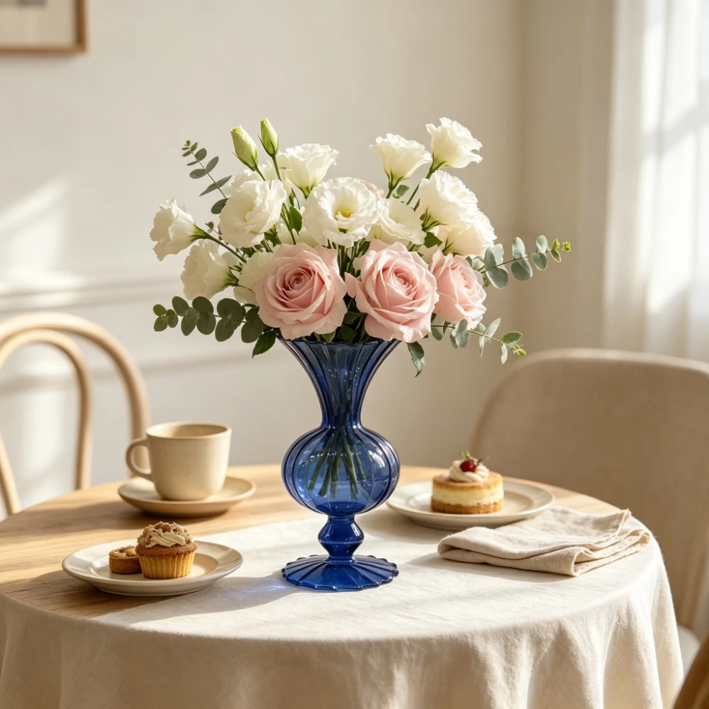 French Retro Blue Glass Vase Tall Footed Hydroponics Flower Arrangement Vase Home Wedding Table Centerpiece Decoration
