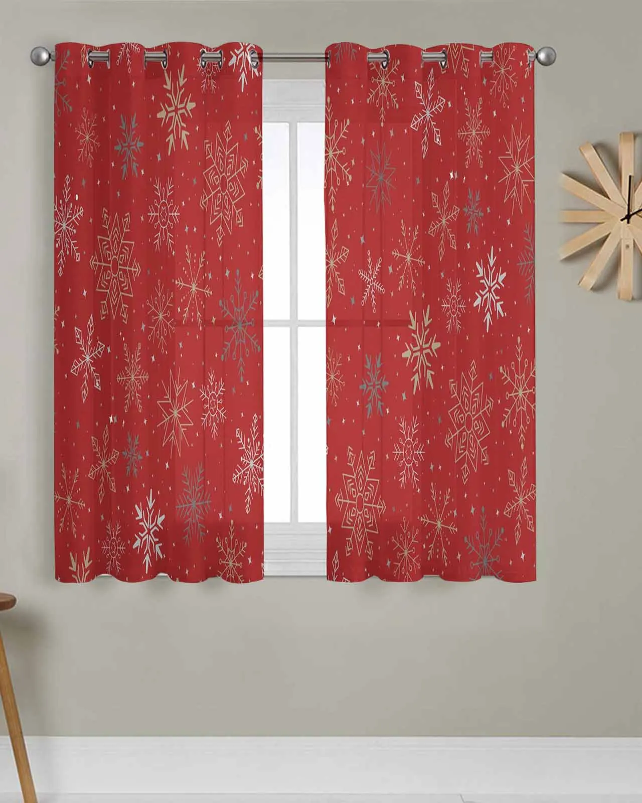 

2pcs/set Tulle Window Curtains Red Snowflakes Pattern for Living Room Bedroom Transparent Chiffon Sheer Voile Window Curtain