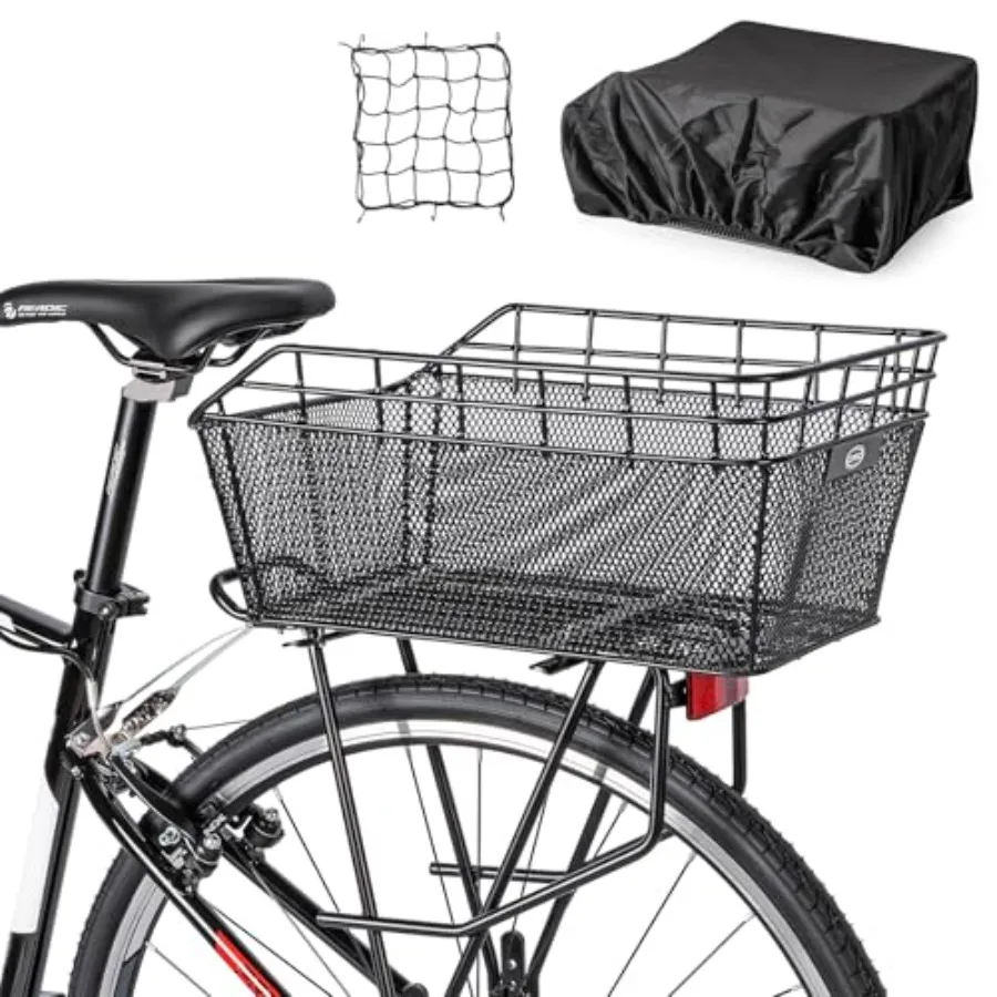 Rear Bike Basket - Large Bicycle Rear Basket with Cargo Net and Waterproof Cover, Wire Bike Baskets Rear Large Capacity NO Bike