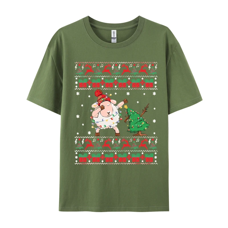 Sheep Ugly Christmas Dabbing Sheep Xm Printed Tee Shirts for Men Adult Premium Cotton Oversized Tops Retro Short Sleeve