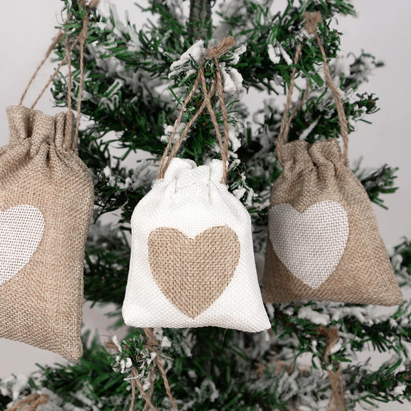 10Pcs Natural Linen Burlap Bag Heart Jute Drawstring Candy Gifts Packaging Bags For Wedding Birthday Party Decor Jewelry Pouches