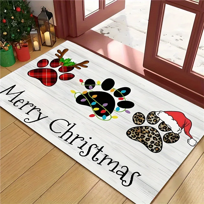 Wood Grain Christmas Entry Rug Cute Pet Paw Xmas Light Reindeer Antler Santa Hat Printed Doormat for Indoor Porch Decor