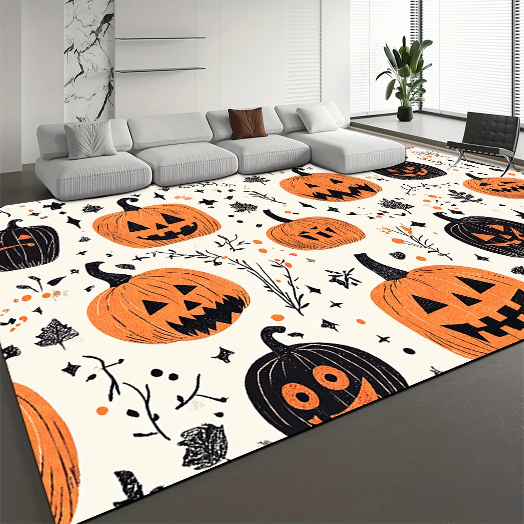 Vintage Frame Halloween Rectangle Area Rug,Ghost Pumpkin Bat Full‑Moon Printed Floor Carpet,Spooky Living Room Indoor
