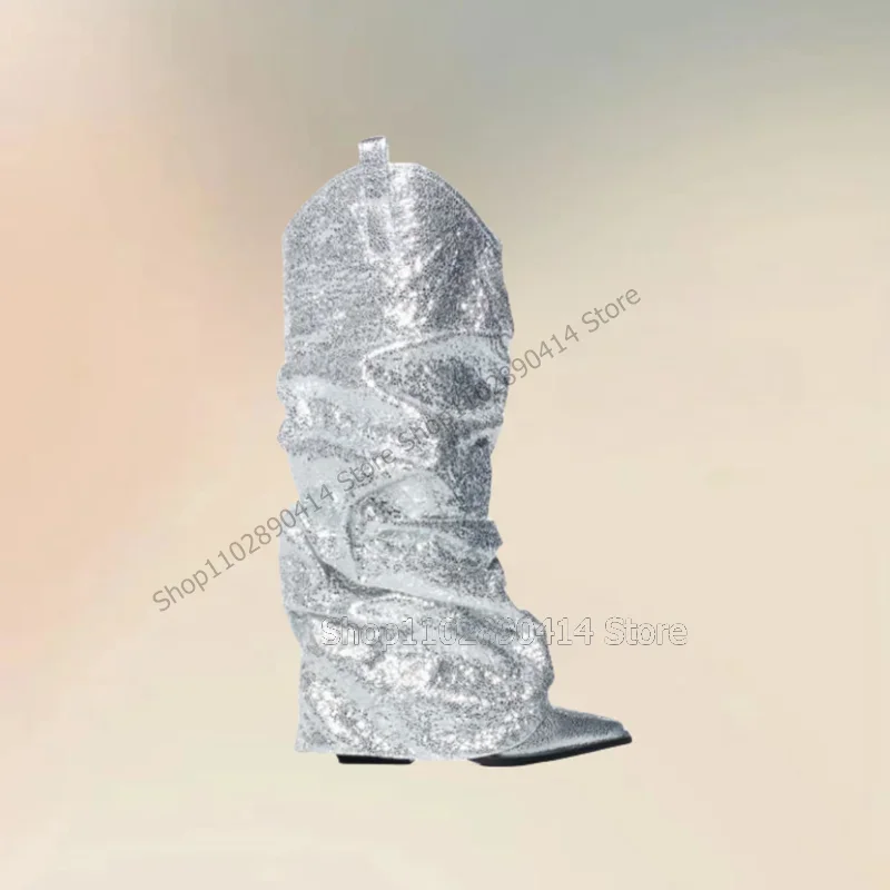 

Silver Sequins Giltter Turned Over Pointy Toe Boots Slip On Women Shoes Chunky High Heels Fashion Party 2023 Zapatos Para Mujere