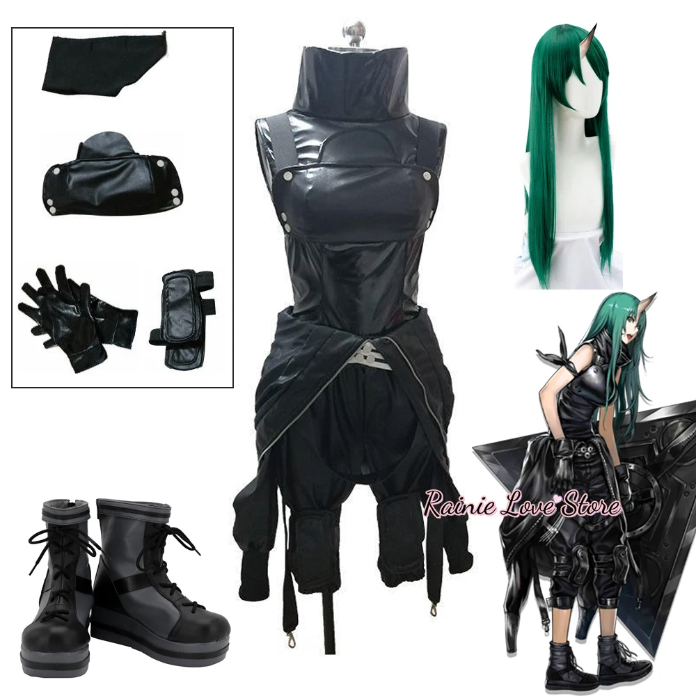 Hoshiguma Arknights Cosplay Traje para Mulheres, Uniforme de Couro, Peruca e Chifre Verde, Roupas de Halloween, Sapatos, Jogo