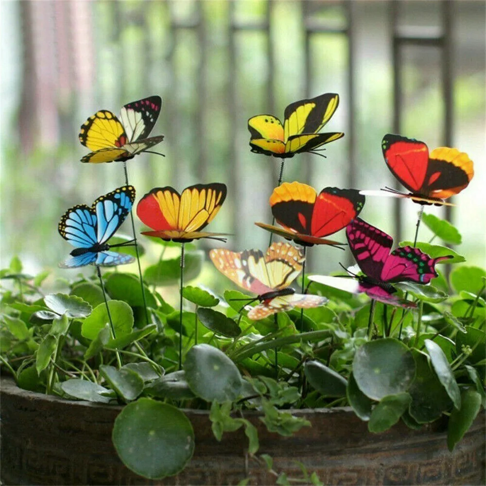 50pcs Artificial Flower Pots On Sticks Garden Decor Colorful Patio PVC Butterfly Stakes Outdoor Yard Indoor Party Supplies Craft