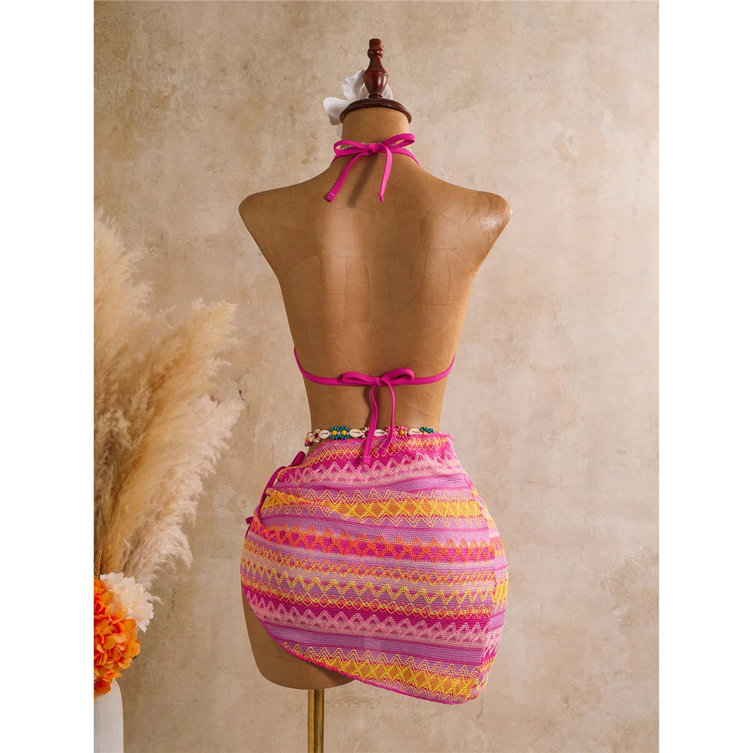 Bedruckter Bikini mit Sarong-Oberteil, Damen-Badeanzug, dreiteiliges Bikini-Set, gepolsterter Badeanzug, Badebekleidung, Modell V8332. – Detail 20