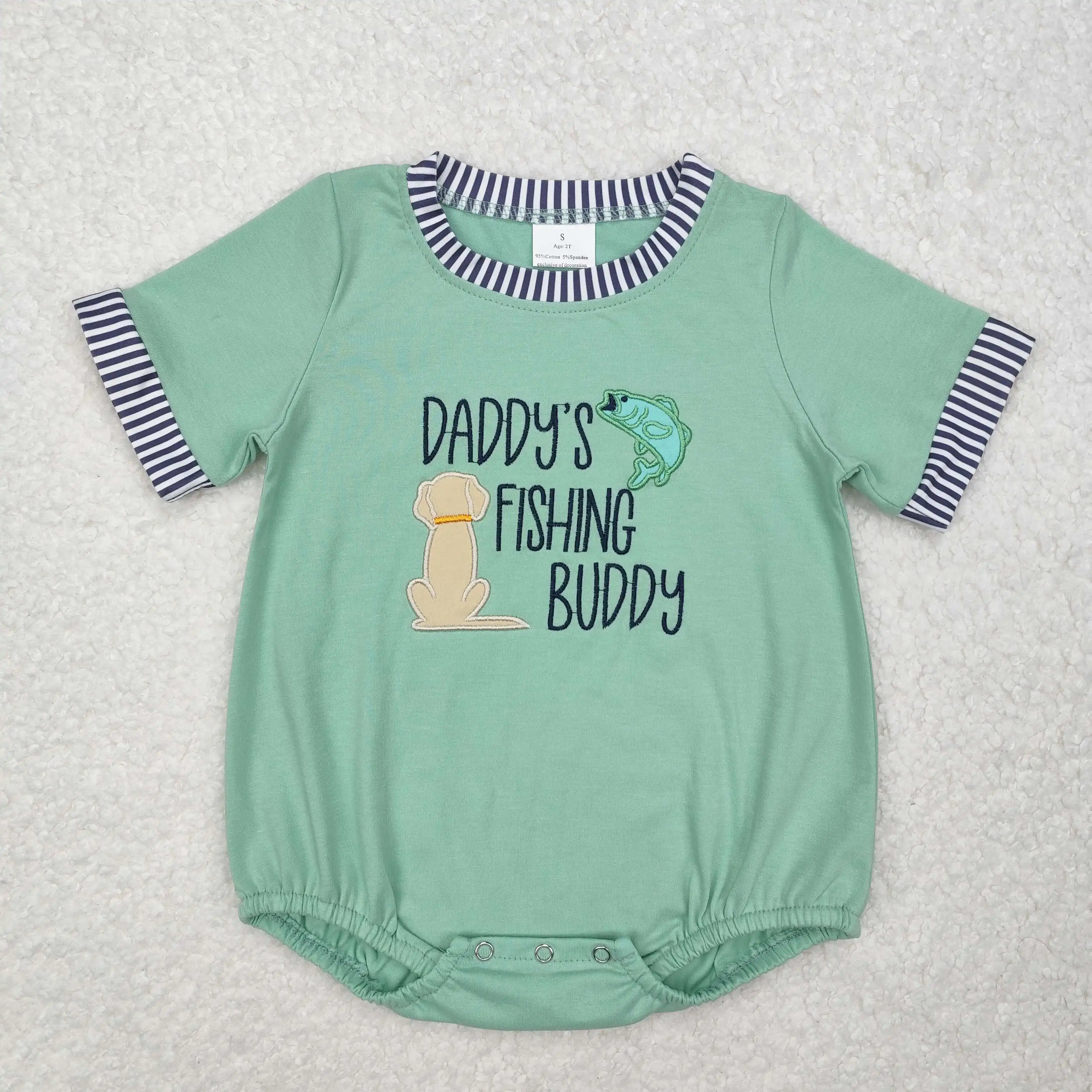Wholesale Baby Boy Short Sleeves Newborn Toddler Green Embroidery Fishing Bubble Daddy Romper Kids Children Infant Jumpsuit