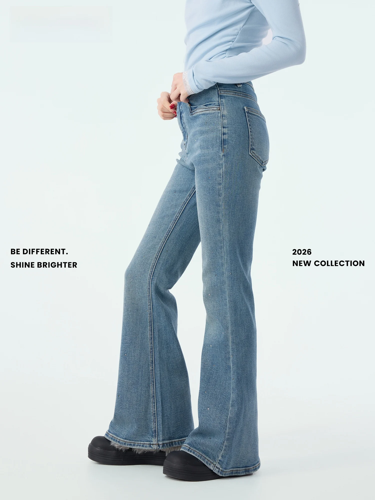 

Didimax High Waist Slim Fit Micro Flare Jeans Sparkling Rhinestones Embellishment Spring New Style Women's Cotton Denim Pants
