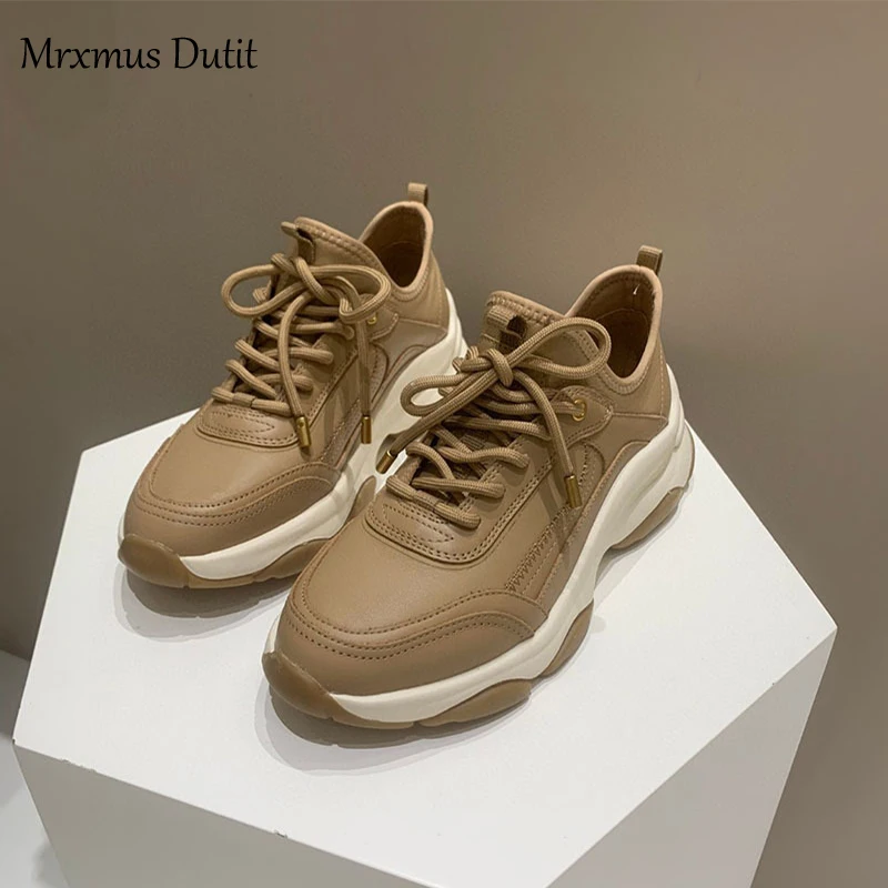 Mrxmus Dutit 2023 Fashion Women New Genuine Leather Patchwork Lacing Sneakers Solid Simple Thick Sole Casual Shoes Versatile