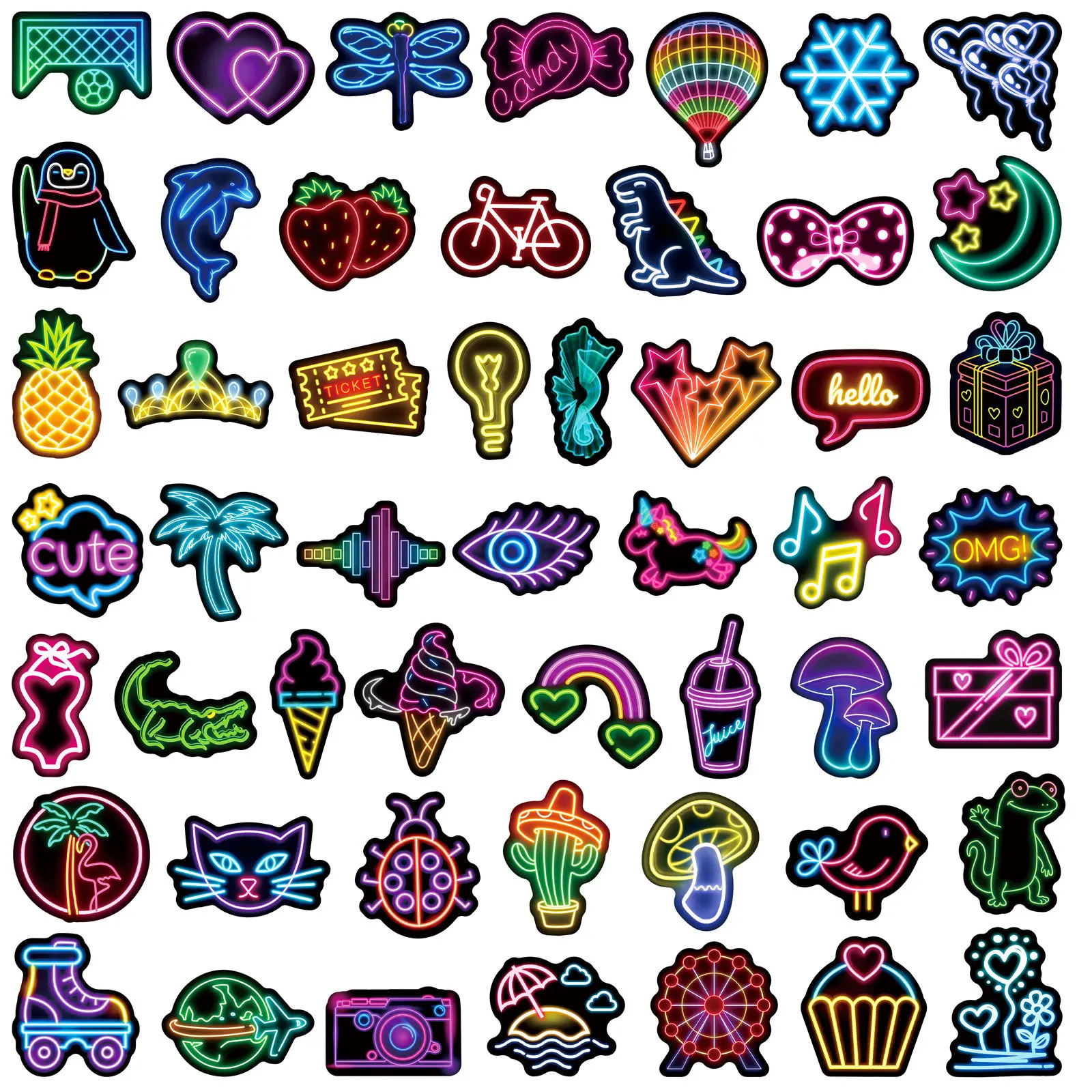50/100 Pcs Cute Neon Cartoon Animal Doodle Stickers Waterproof for Helmet Suitcase Car Notebook Skate Decals