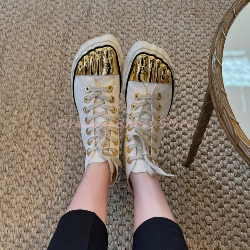 

Gold Five Fingers Cross-Tied Sneakers Patchwork High Top Canvas Shoes Men Women Fashion Street Lace Up Metal Decor Party Boots